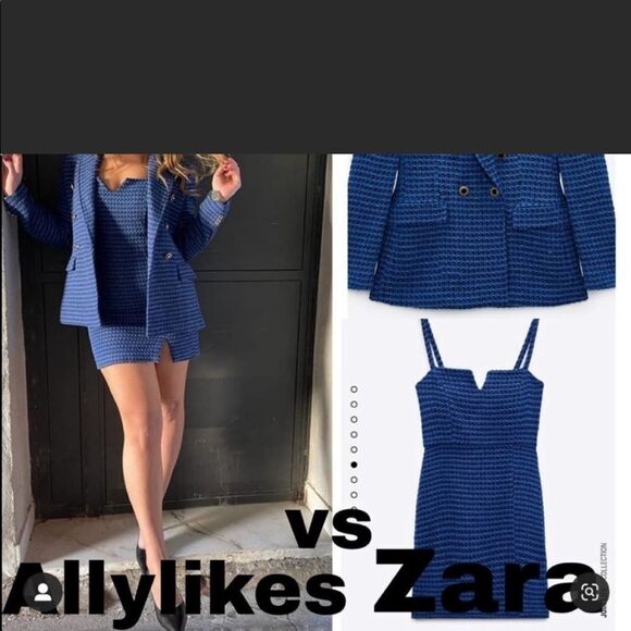 New Zara Textured Tweet Blue Strap Mini Dress - Picture 3 of 7